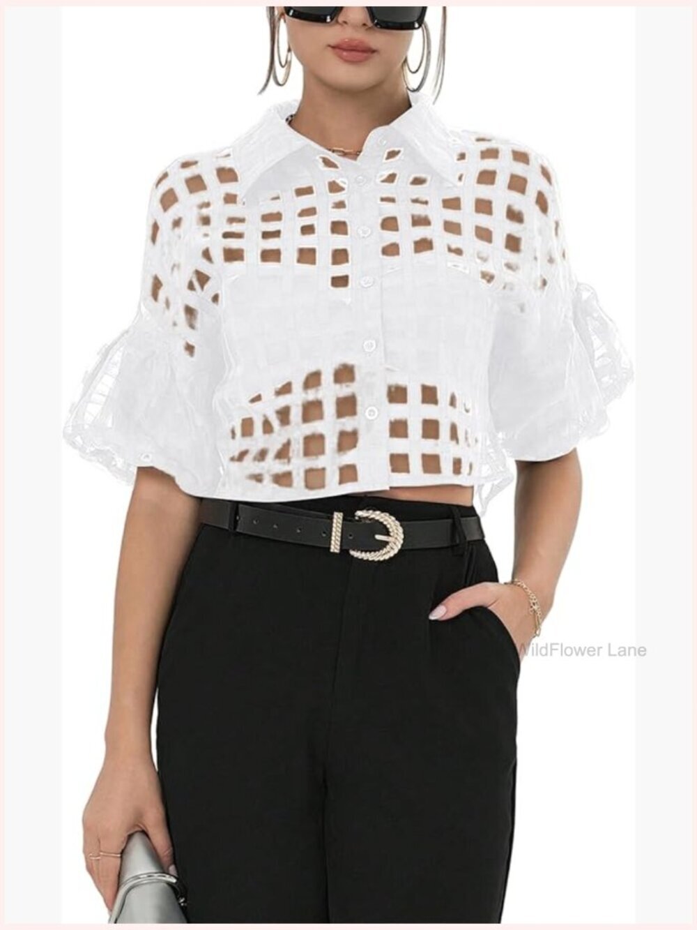 Crop Short Sleeve Mesh Button Down Blouse Top